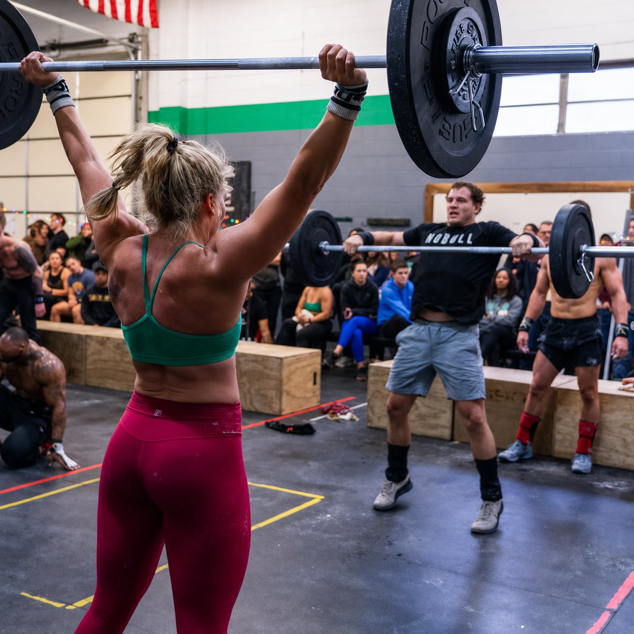Athletes lifting overhead in front of a packed crowd at a CrossFit Saol event