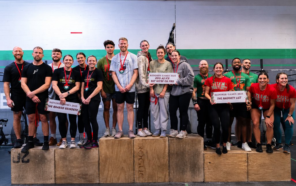The 2025 Reindeer Games podium teams at CrossFit Saol