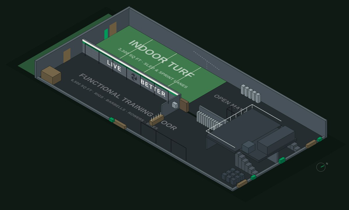 3D layout of the CrossFit Saol facility — indoor turf field, functional training floor, and open mat area